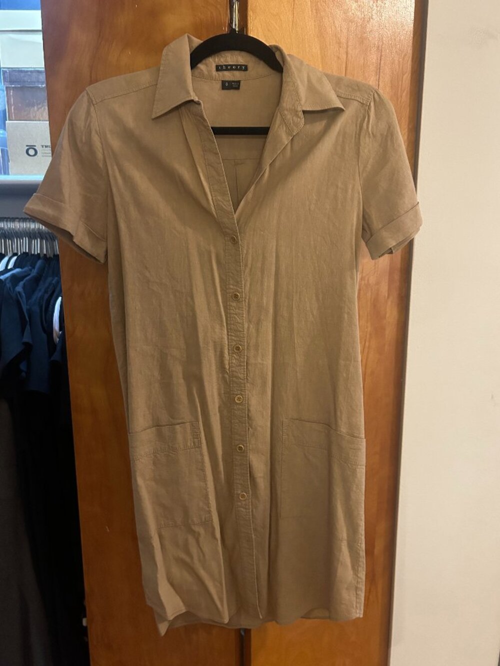 Theory Good Linen Khaki Button-down Shirt Dress with Pockets (stretchy!)
